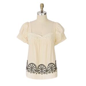 Anthropologie Lithe Chantal Beige Cotton Blouse Short Sleeve Lace Embroidery